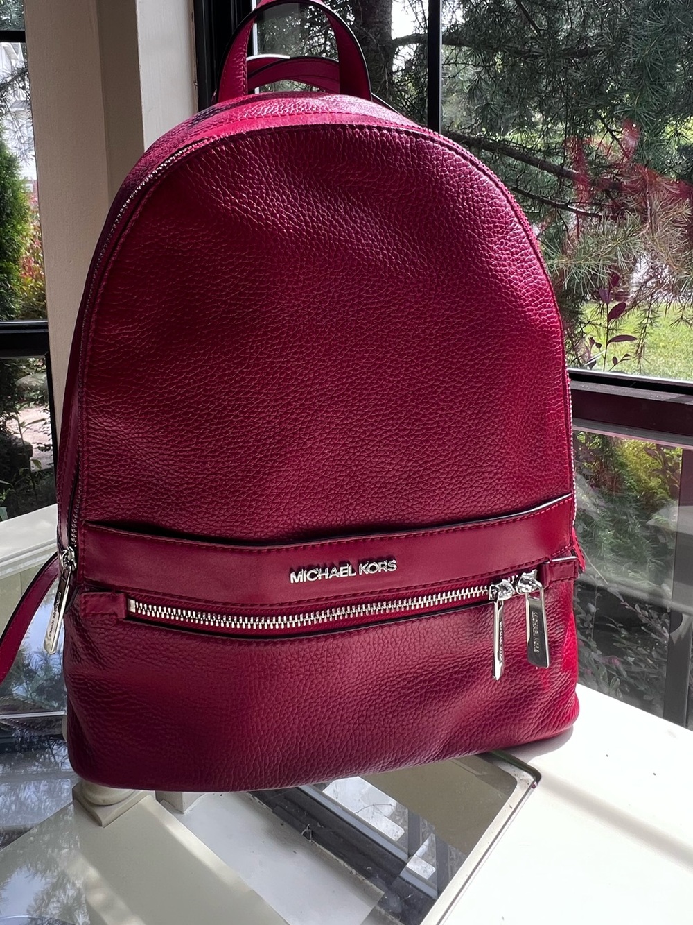Michael Kors Rhea Medium Red Pebbled Leather Backpack Silver Hardware